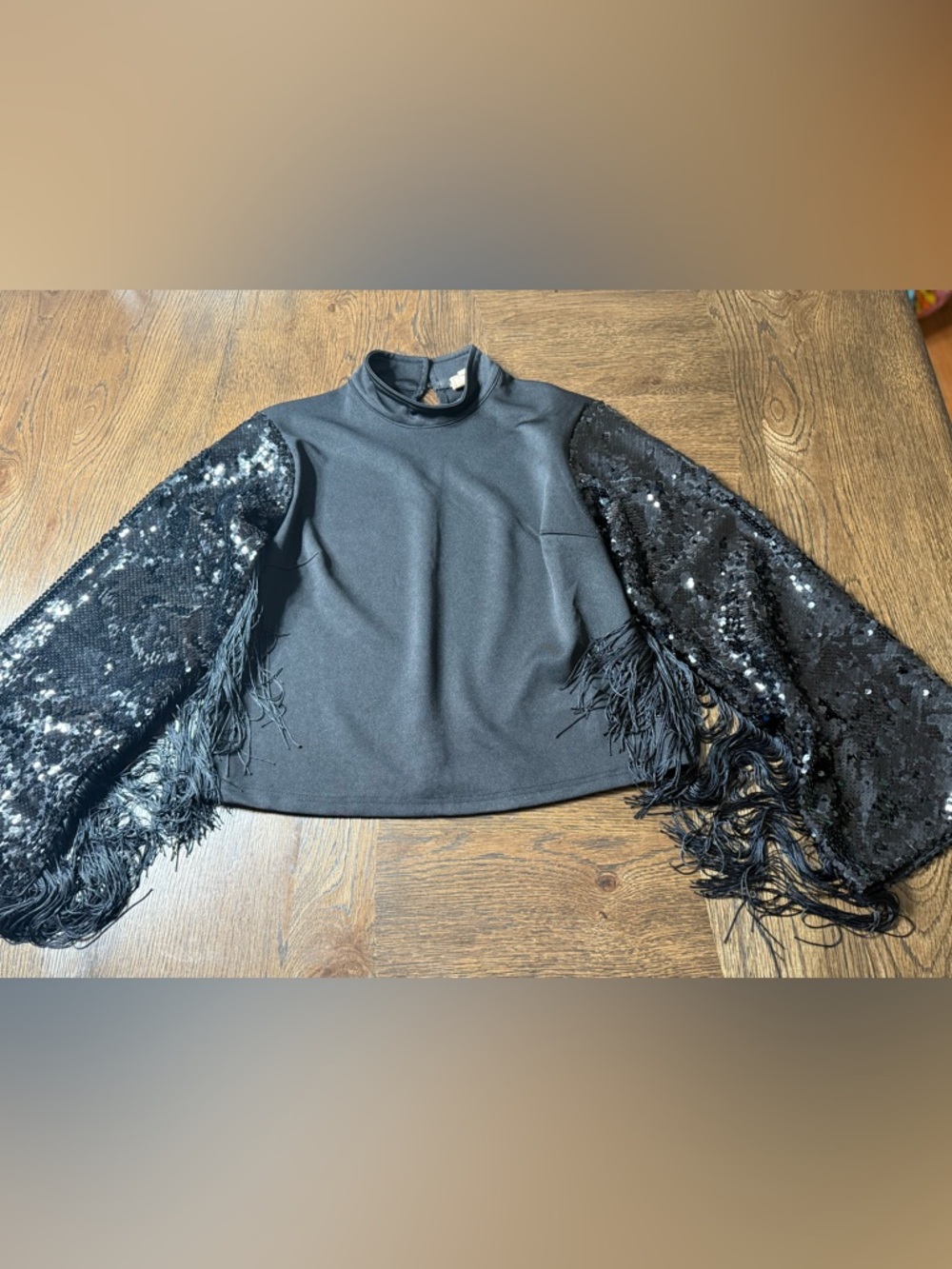 Sterling & Stick Black Sequin Fringe loose wide Sleeve Top